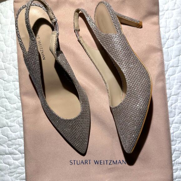 Stuart Weitzman Eva 75 Pointed Toe Slingback Metallic Pump Color Poudre size 6.5 - Picture 1 of 9